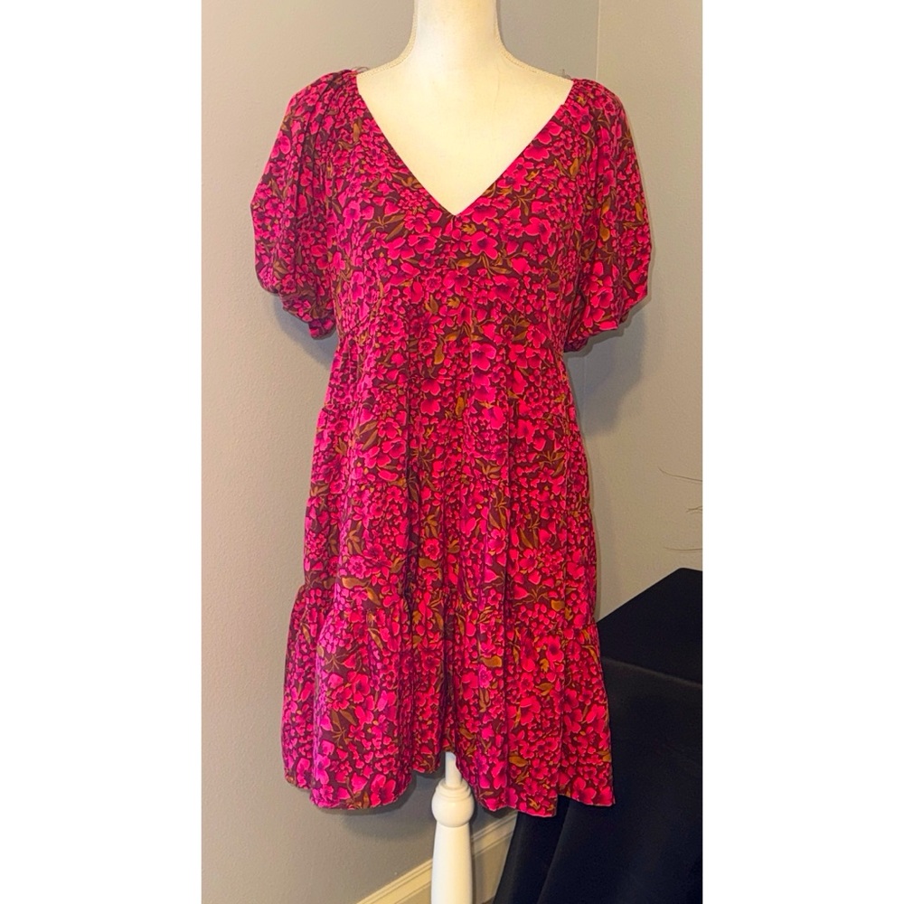 VICI Floral Mini Dress Pink Brown Boho Tiered V-Neck Medium